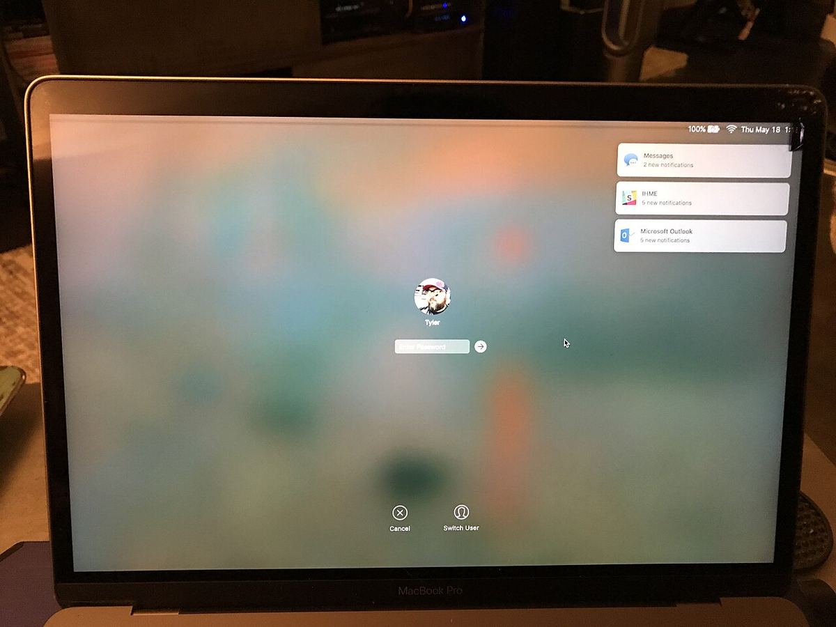 A MacBook Pro display damaged under the glass. The picture is ruined, but the rest of the Mac works fine, which is why swapping the display fixes it.